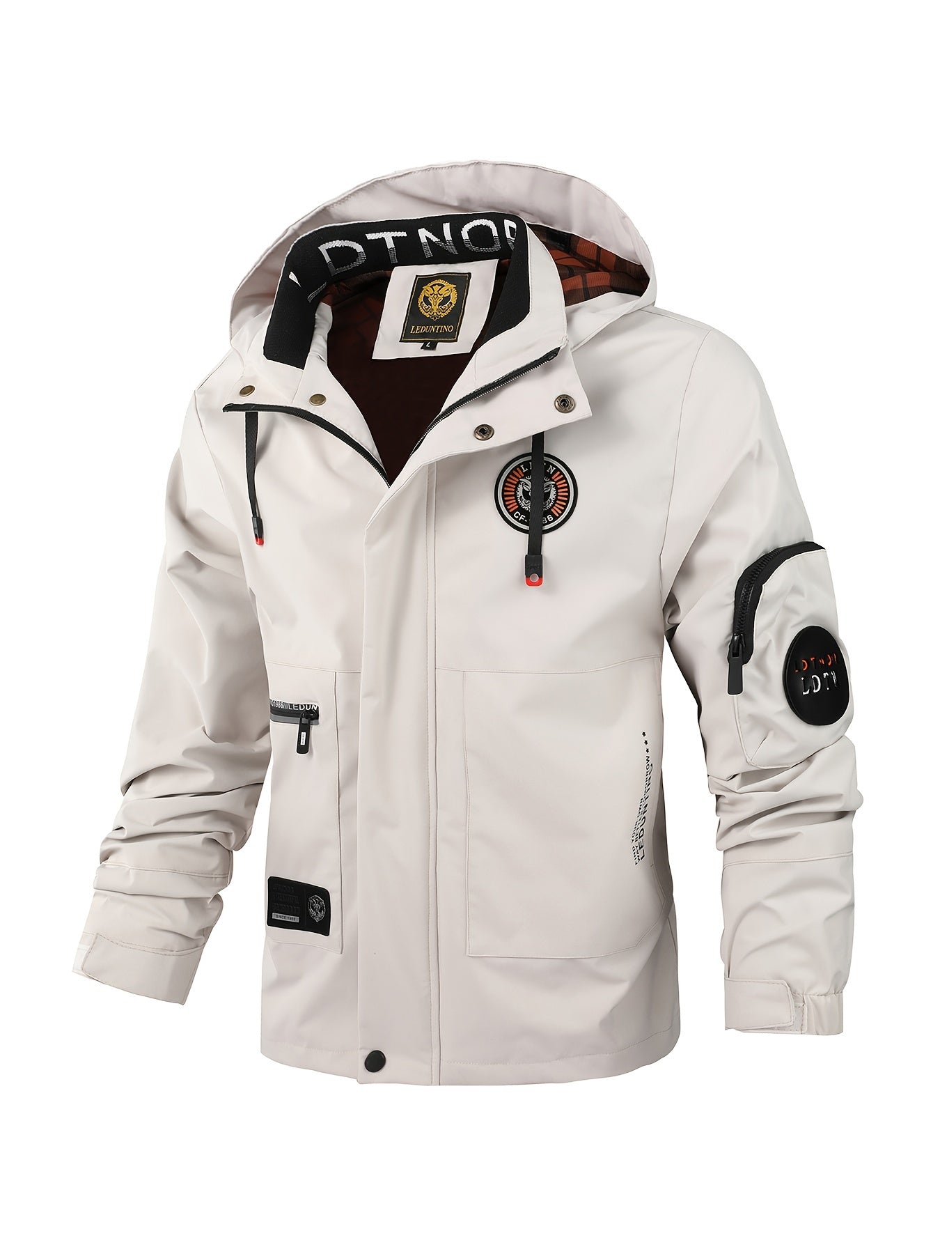 Multiple Pocket Design Men's Embroidery Long Sleeve Zip Up Drawstring Hooded Jacket, Men's Stand Collar Thin Jacket for Spring Outdoor