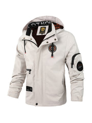 Multiple Pocket Design Men's Embroidery Long Sleeve Zip Up Drawstring Hooded Jacket, Men's Stand Collar Thin Jacket for Spring Outdoor