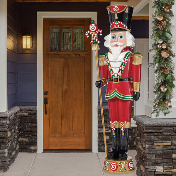 8Ft Pre-Lit Resin Candy Cane Nutcracker with 42 Colour LED and Music