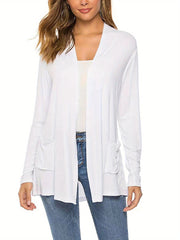 Women Simple Style Cardigan, Solid Color Long Sleeve Knitwear with Pockets, S/ M/ L/ XL/ XXL