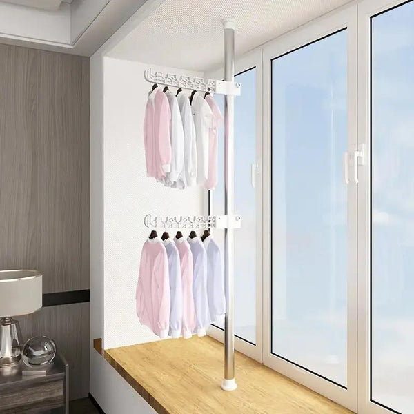 4-Tier Standing Clothes Laundry Drying Rack Coat Hanger Organizer Floor to Ceiling Adjustable Metal Corner Tension Pole