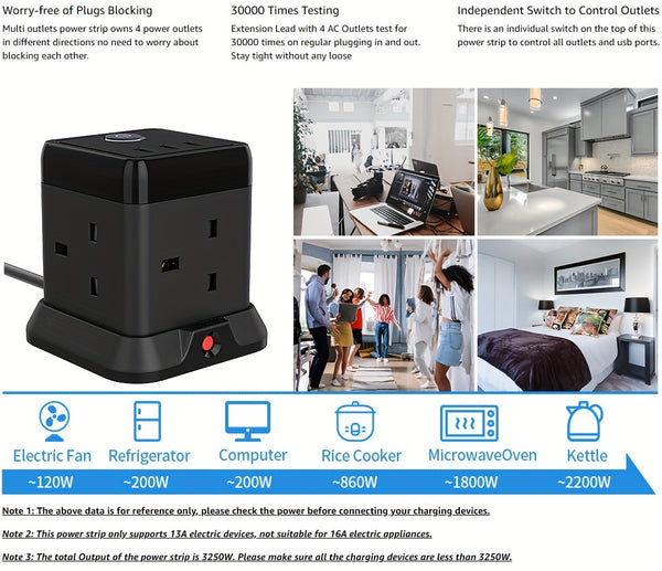 Cube Extension Lead with 3 USB Slots 13A 3250W Hulker 4 Gang Plug Extension Socket with Switch 4 Way Power Strip with 3 USB Port 1.5m Extension Cord Black for Home Dorm Office Travel