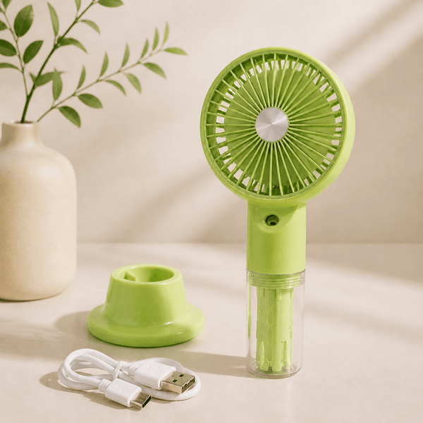 Portable USB Rechargeable Mist Fan with Adjustable Speeds, Humidifier, and LED Light – Compact and Stylish Handheld Fan for Personal Cooling