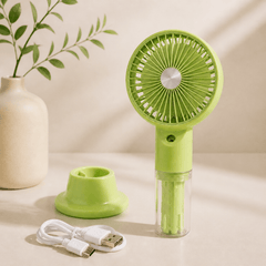Portable USB Rechargeable Mist Fan with Adjustable Speeds, Humidifier, and LED Light – Compact and Stylish Handheld Fan for Personal Cooling