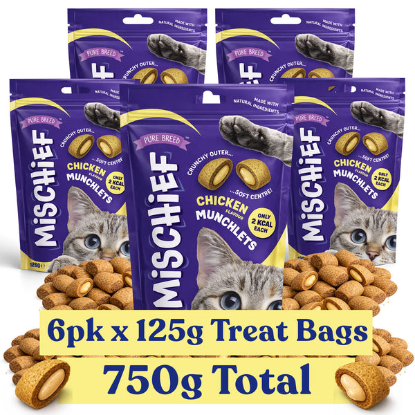 Pure Breed Mischief Cat Treats 6 Pack | Chicken Flavour Pillow Snacks for Cats | Crunchy Outside & Soft Creamy Centre | High Protein Low Calorie Cat Bites (Only 2 kcal Each) | Natural Resealable Cat Treat Pouches