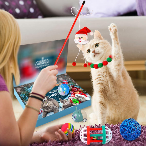 Izoel Cat Advent Calendar 2025 Christmas Interactive Toys for Indoor Christmas Gifts Collars Bow Tie Feather Toys Fish Fake Mouse Bell Balls for Cat Lover Gifts