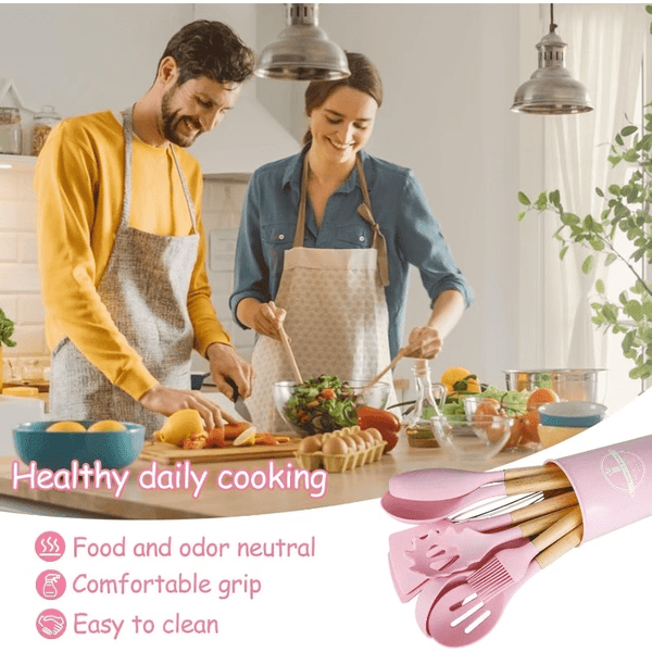 12pcs Silicone Cooking Utensils Set With Wooden Handle Food Grade High Temperature Resistant For Nonstick Cookware Pink