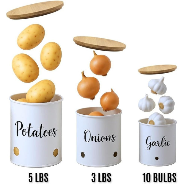 3 Pack Vegetable Storage Tins – Stackable White Round Metal Canisters for Potato, Onion & Garlic – Kitchen Pantry Organizer Jars with Bamboo Lids & Air Vents – Cylindrical Fresh Keeper Caddies