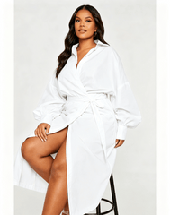 Women Wrap Midi Shirt Dress, Long Sleeve Lapel Side Zip Ruched Split Hem Dresses, Casual Office Party Dress