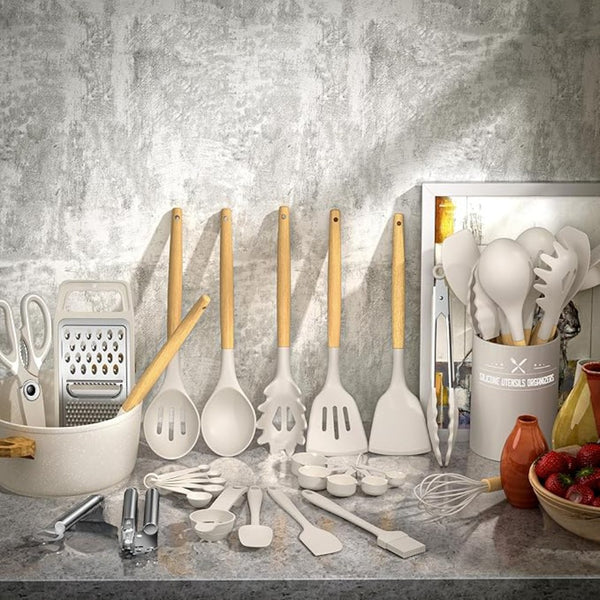 33PCS Non-Stick Kitchen Utensil Set, Silicone Cooking Tools with Wooden Handles, Light Khaki/Black, Cooking Tools and Accessories, Holiday Birthday Gift