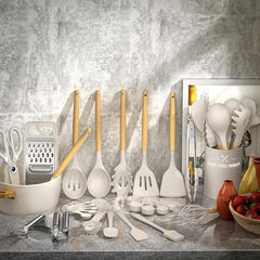33PCS Non-Stick Kitchen Utensil Set, Silicone Cooking Tools with Wooden Handles, Light Khaki/Black, Cooking Tools and Accessories, Holiday Birthday Gift