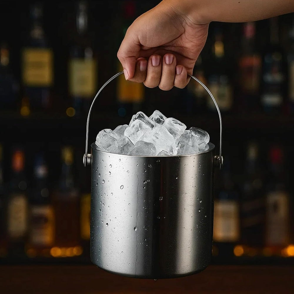 Double-Walled Stainless Steel Ice Bucket with Handle Keeps Cocktails, Beer, Wine Champagne Cold Longer Perfect for Home, Bars, Parties Outdoor Events
