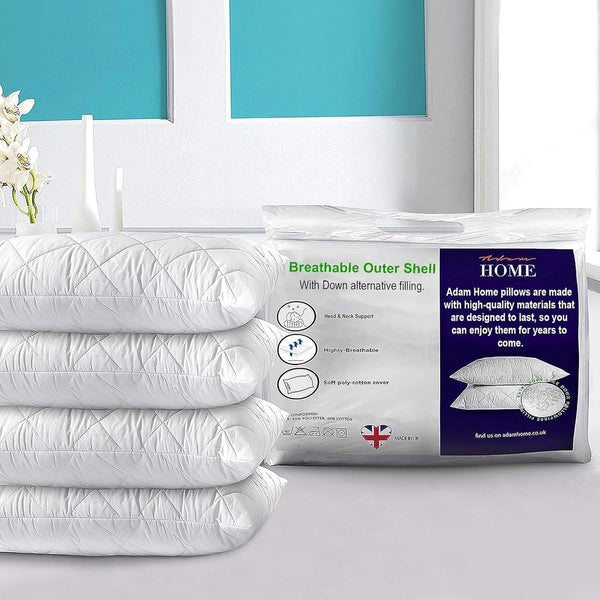 Adam Home Pillows 2 Pack Hotel Quality with Quilted Cover Hypoallergenic & Dust Mite Resistant Filling – Ideal for Stomach, Back and Side Sleepers down Alternative Hotel Pillows
