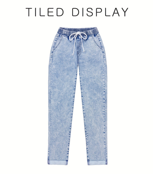 Ladies' 2026 New Stretch Elastic Drawstring Slim Cropped Jeans, Acid Wash Blue Cuff Straight Denim Trousers, Elegant Women's Clothing, Tapered Pantalones for All Seasons, Mom Pants with Pockets, High Waisted Tummy Control Travel Casual Pants
