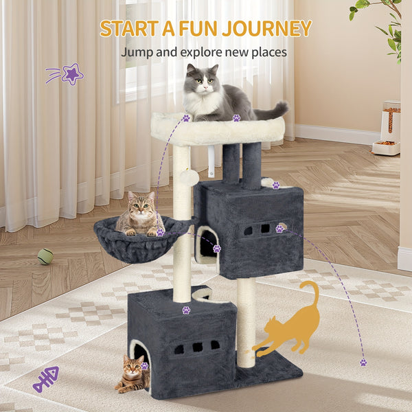 98 Cm Scratching Post, Cat Tree, Small Scratching Post, Multi-Storey Scratching Post with Perch, Cat House Furniture with 2 Caves, Sisal Cat Scratching Post, Hammock, Cave