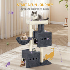 98 Cm Scratching Post, Cat Tree, Small Scratching Post, Multi-Storey Scratching Post with Perch, Cat House Furniture with 2 Caves, Sisal Cat Scratching Post, Hammock, Cave