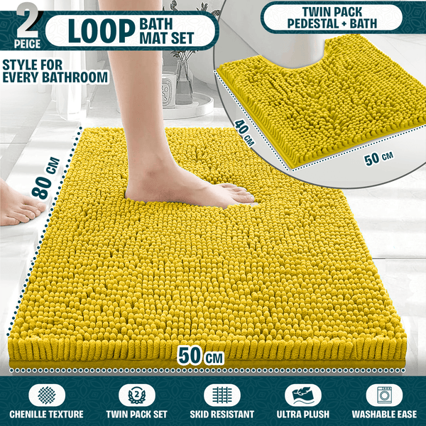 2-Piece Loop Bathroom Mat Set | Soft Chenille Microfiber Rugs with Non-Slip Backing | Machine Washable | Includes 50x80cm Bath Mat & 50x40cm Pedestal Mat | Stylish, Comfy & Durable | UK STOCK | LOCAL WAREHOUSE
