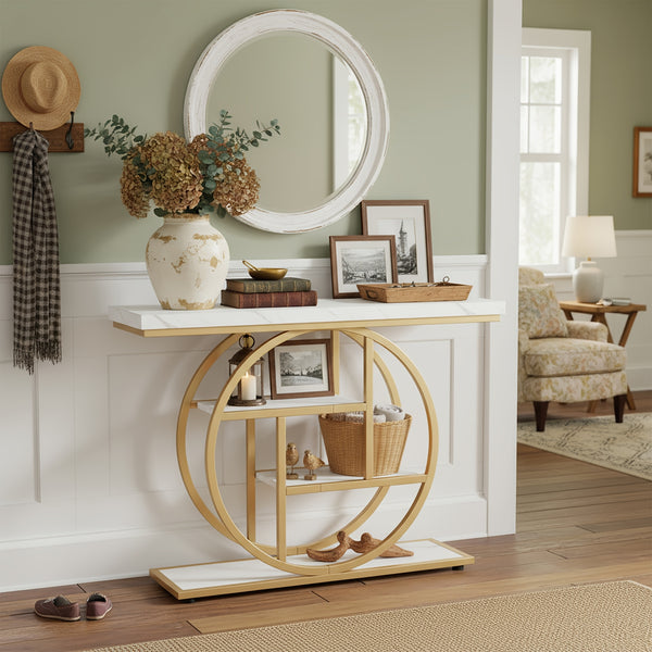 Four Story Console Table Slim Hallway, Entrance Table with Circular Base, Narrow Wooden Decorative Table with Storage Rack, Console Table for Living Room.