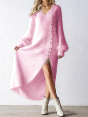 2026 Autumn and Winter V-neck Loose Lazy Style Button Decoration Slit Dress Temperament