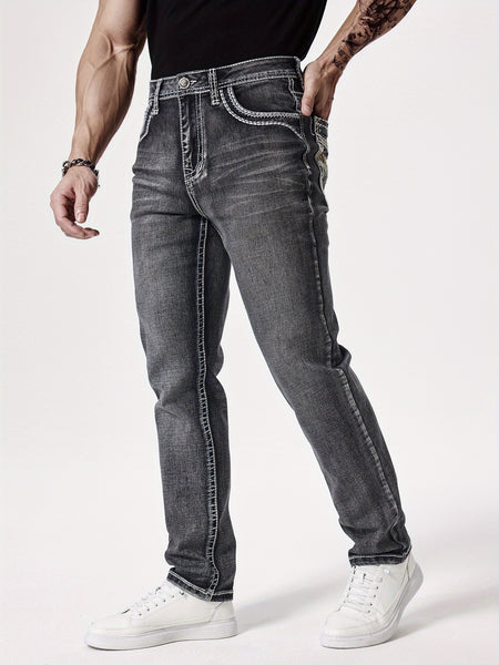 Men'S Elastic Washed Denim Jeans with Thick Line Embroidery on The Front And Back Pockets