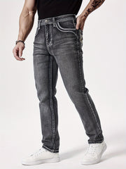 Men'S Elastic Washed Denim Jeans with Thick Line Embroidery on The Front And Back Pockets