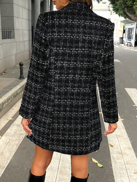European and American Women's Versatile Plaid Metal Buckle Lapel Faux Pocket Elegant Coat