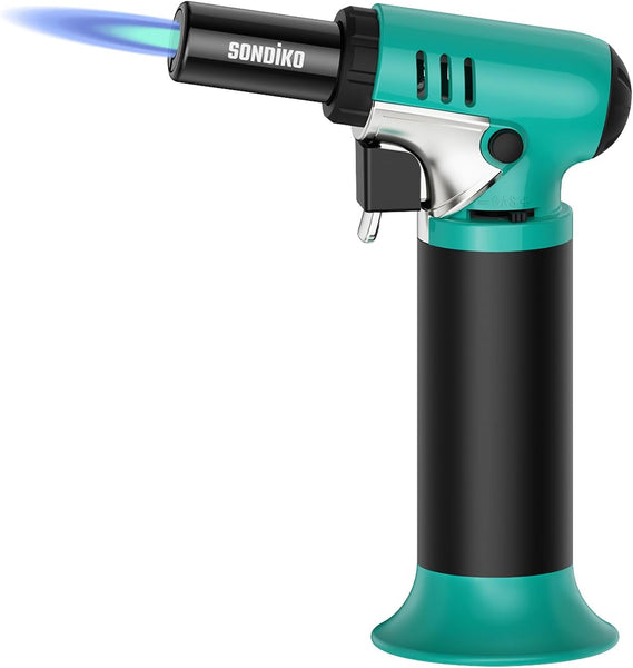 Sondiko Kitchen Blow Torch with Fuel Gauge S907, Refillable Soldering Torch Lighter with Safety Lock and Adjustable Flame for Desserts, Creme Brulee, Welding, Industrial (Butane Not Included)