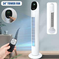86.36cm Tower Fan, Electric Standing Floor Fan for Cooling with Remote Control, 7.5 Hour Timer LED Display, 65-75 Oscillation, 3 Modes, 3 Speeds, for Home, Office, Living Room, Bedroom, White