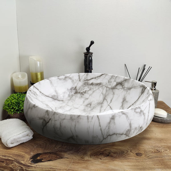 White Ceramic Bathroom Vanity Wash Basin Sink Countertop Oval Marble Effect Bowl With Stainless Steel Drainer Kit, Hand Wash Basin, Classic Design White Marble Effect Oval Sink for Bathroom Lavatory, Hotel Vanity Unit, 48x34x14.5cm, Only Basin