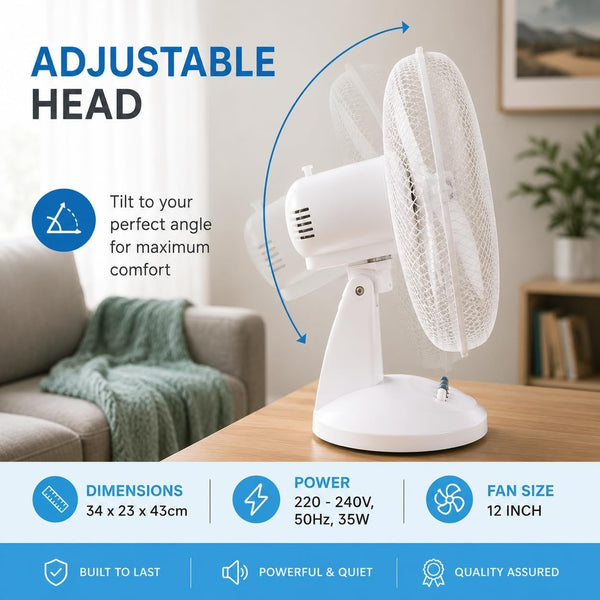 12 Inch Oscillating Table Fan 3 Speed Settings Adjustable Tilt Portable White 35W