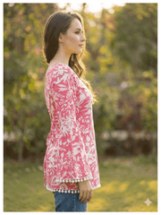 Estationeryhouse Cotton Printed Kurta Top, Long Sleeves, with White Tassels and Drawstring for Adjusting at Back