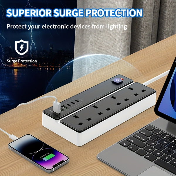 A 4-port Power Board/power Socket/power Strip With 3 USB-A And 3 USB-C Ports, Compatible With 220V-240V, 1.8m Cable, British Plug, Suitable For Home, Kitchen, Outdoor, Hotel, Office, Cruise Vacation