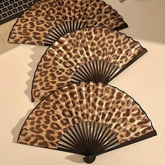 Large 23cm Retro Leopard Print Hand Fan - Portable Folding Fan Suitable for Women & Men, Fabric Cooling Fan for Summer, Parties, Rave, Dance Performances, Outdoor Events - Elegant Gift for