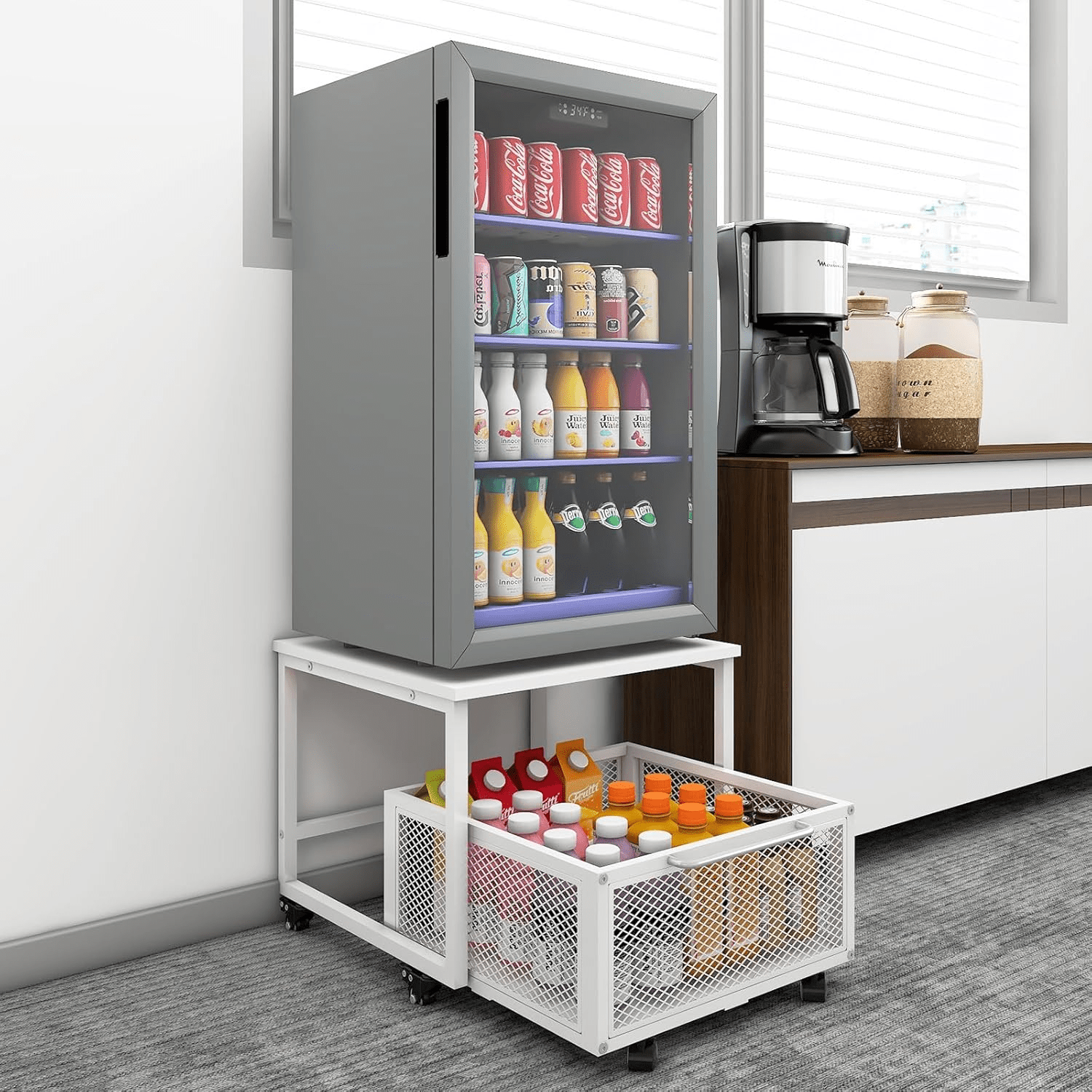 1pc Mini Fridge Stand with Storage, 50x50x42.3cm Mobile Refrigerator Stand with Lockable Wheels & Basket, Portable Cart for Kitchen Office - Perfect Home Upgrade