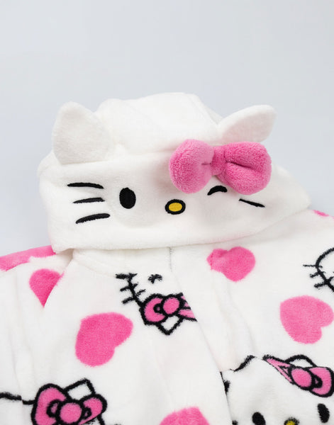 Hello Kitty Womens White Hooded Bathrobe | Cosy Fleece Loungewear with Pink Accents & Long Sleeves | Cartoon Character Design | Perfect for Relaxing Days | Hello Kitty Merch - Medium