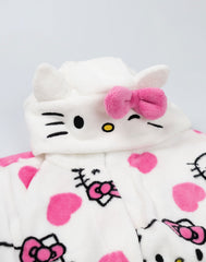 Hello Kitty Womens White Hooded Bathrobe | Cosy Fleece Loungewear with Pink Accents & Long Sleeves | Cartoon Character Design | Perfect for Relaxing Days | Hello Kitty Merch - Medium