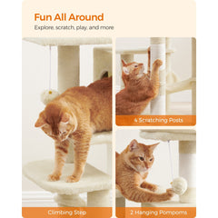 112 cm Cat Tree, Multi-Level Soft Plush Cat Tree, Cat Tower Condo with 4 Cat Scratching Posts, Hammock, Cave, Platform, Toys, Pink/White/Beige/Grey, Easy Assembly and Sturdy, Indoor Cat Furniture