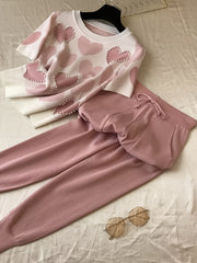 Women'S Korean-Style Heart-Shaped Printed Set - Short-Sleeved Beaded Top And Sweatpants, Casual Elegant Heart Pattern Outfit, Round Neck with Pockets, Casual Wear/Elegant /Beaded Details, Sweater Set
