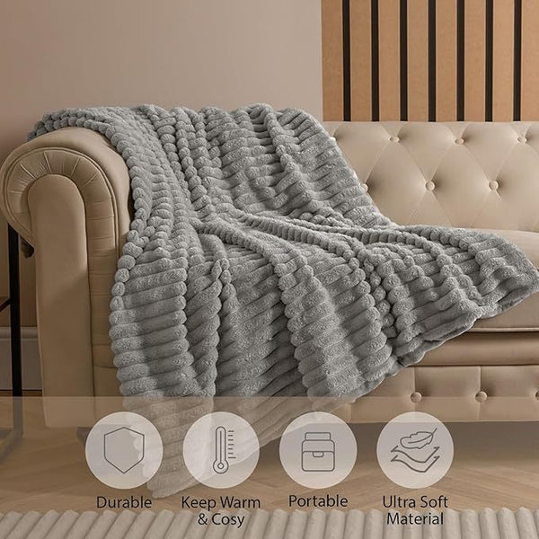 Chunky Cord Throw Blanket Ribbed Faux Fur, Thick Fleece Blanket Throws Decorative Winter Warm Blanket Ultra Soft Warm Sofa Throw Blanket for Bedroom Living Room UK Free Shipping