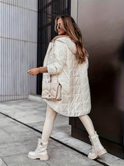 Women's Warm Winter Coat, Hooded Jacket, Mid-Length with Pockets and Asymmetrical Hem Padded Coat