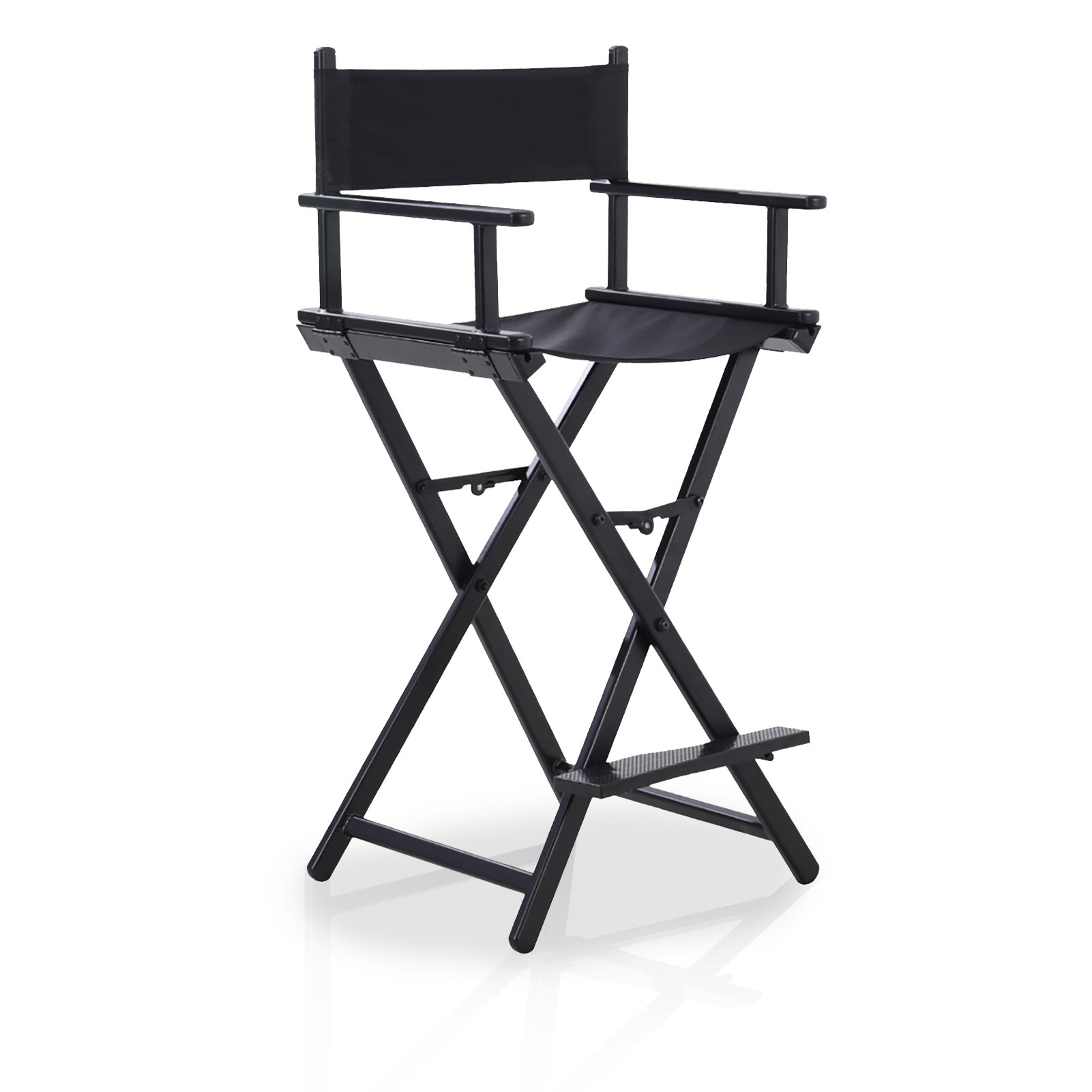 114cm Tall Folding Directors Chair with Footrest and Backrest, Portable Makeup Artist Bar Height, Sturdy Metal Frame 300 lbs Capacity, Ideal for Make-up, Filming and Outdoor Camping, Black