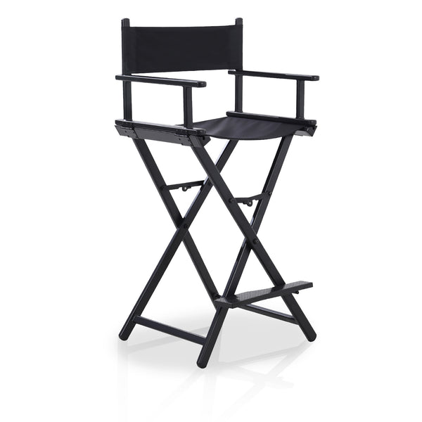 114cm Tall Folding Directors Chair with Footrest and Backrest, Portable Makeup Artist Bar Height, Sturdy Metal Frame 300 lbs Capacity, Ideal for Make-up, Filming and Outdoor Camping, Black