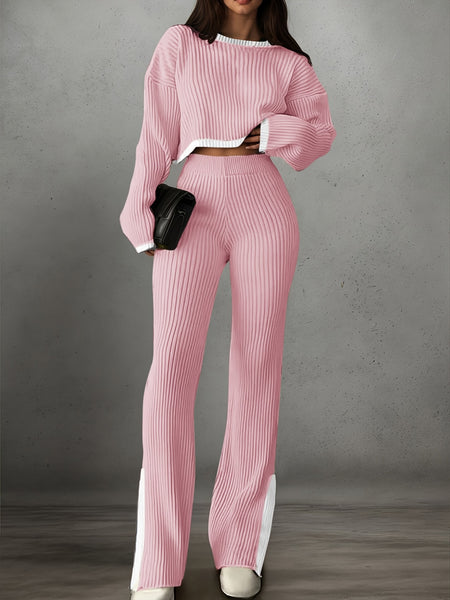 Women'S Short Color-Blocked Long-Sleeve Top with Solid Color Pants, a Casual And Stylish Outfit for Christmas