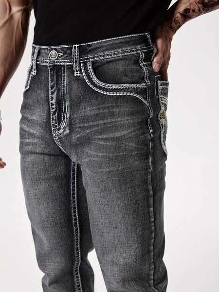 Men'S Elastic Washed Denim Jeans with Thick Line Embroidery on The Front And Back Pockets