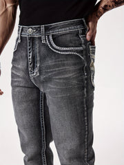 Men'S Elastic Washed Denim Jeans with Thick Line Embroidery on The Front And Back Pockets