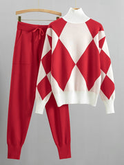 Women'S New Arrival Autumn/ Winter 2024 Casual Check Pattern Sweater Set - Style Trendy Two-Piece Outfit, Long Sleeve, Square Neck, Color Block, Drawstring, Pants, Casual Wear|Check Pattern Top|Drawstring Pants, Sweater Set
