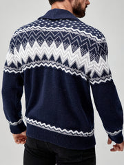 Men's Casual Geometric Pattern Cardigan Sweater - Navy Blue with White and Black Accents, Button-Up Collar, Machine Washable, Polyester for Fall/Winter