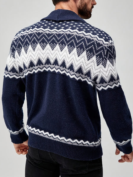 Men's Casual Geometric Pattern Cardigan Sweater - Navy Blue with White and Black Accents, Button-Up Collar, Machine Washable, Polyester for Fall/Winter