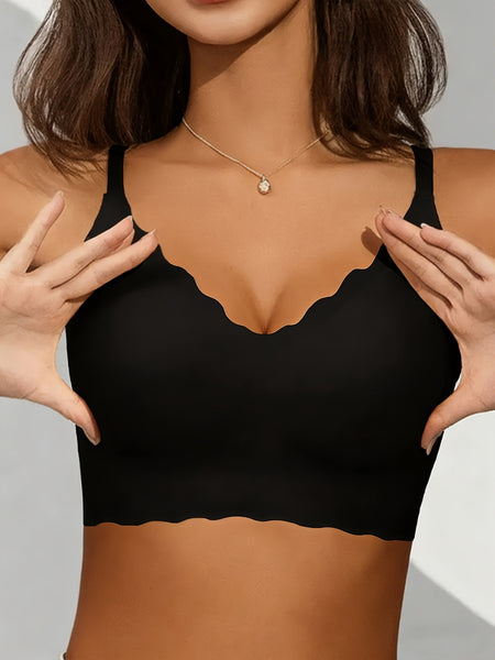 Elegant Wireless Comfort Bra With Wave-Edge | Solid Color, Non-Removable Padding, Patched Detail