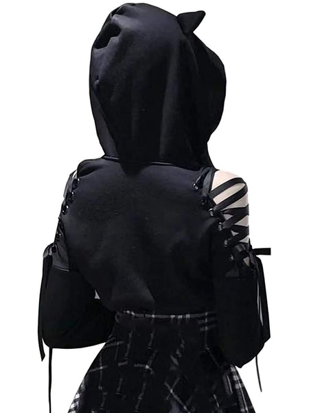 Womens Fashion Printing Sweatshirt Casual Bandage Long Sleeve Exposed Navel Hooded T-shirt